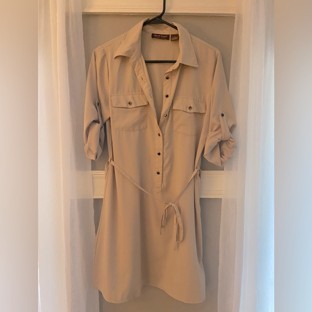 Shirt dress that hits just above the knee.